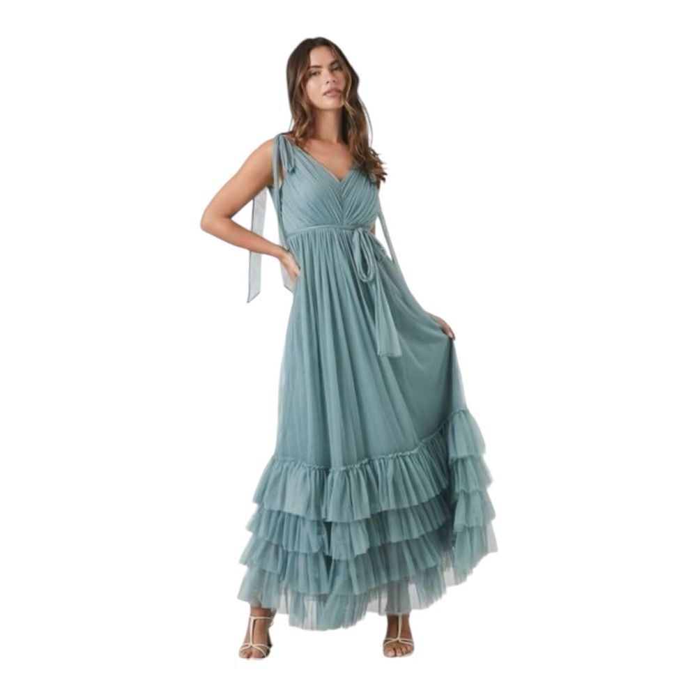 Forever 21 Blue Green Tiered Ruffle Trim Maxi Dress NWT Size L - Picture 2 of 7